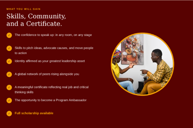Workshop benefits of the Pan-African Caribbean Youth Leadership Workshop, highlighting leadership skills, community, scholarships, and certification.